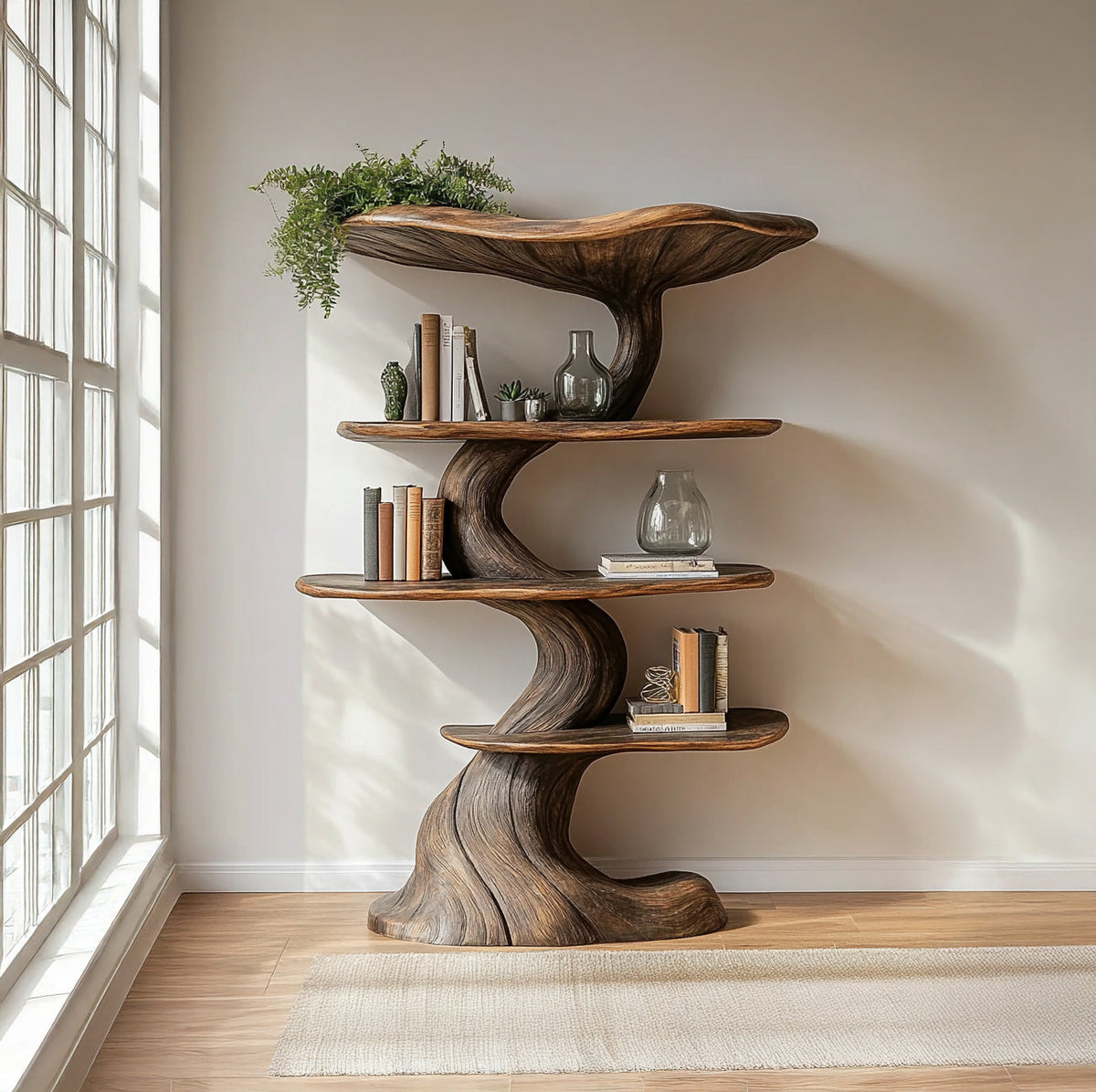 Pilzbaum-Bücherregal im großen skulpturalen Holzregal-Design