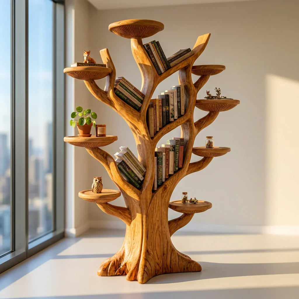 Freistehendes Pilz-Baum-Bücherregal mit Astablagen und Pilzhut-Plattformen, handgefertigtes Standregal aus Massivholz für Wohnzimmer, Büro, Bibliothek, Babyzimmer – Ashdeco 2026