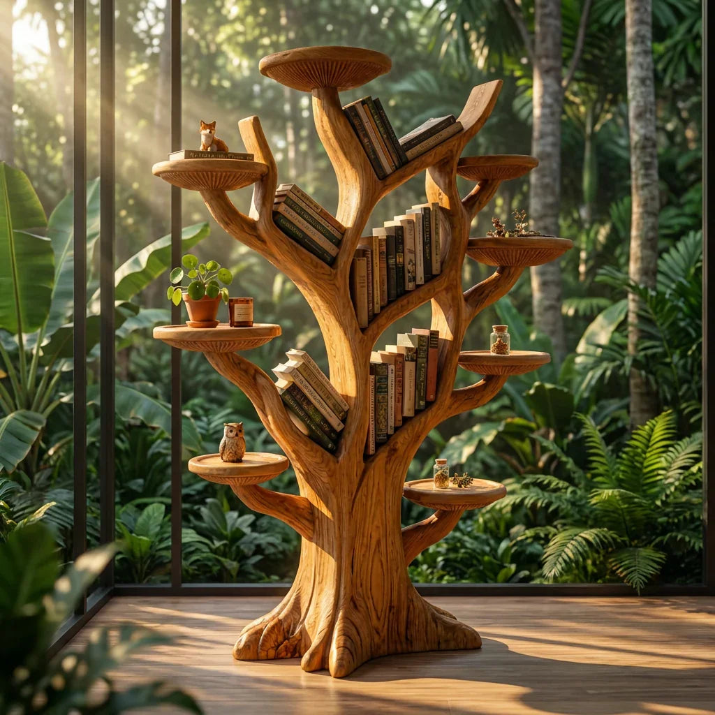 Freistehendes Pilz-Baum-Bücherregal mit Astablagen und Pilzhut-Plattformen, handgefertigtes Standregal aus Massivholz für Wohnzimmer, Büro, Bibliothek, Babyzimmer – Ashdeco 2026