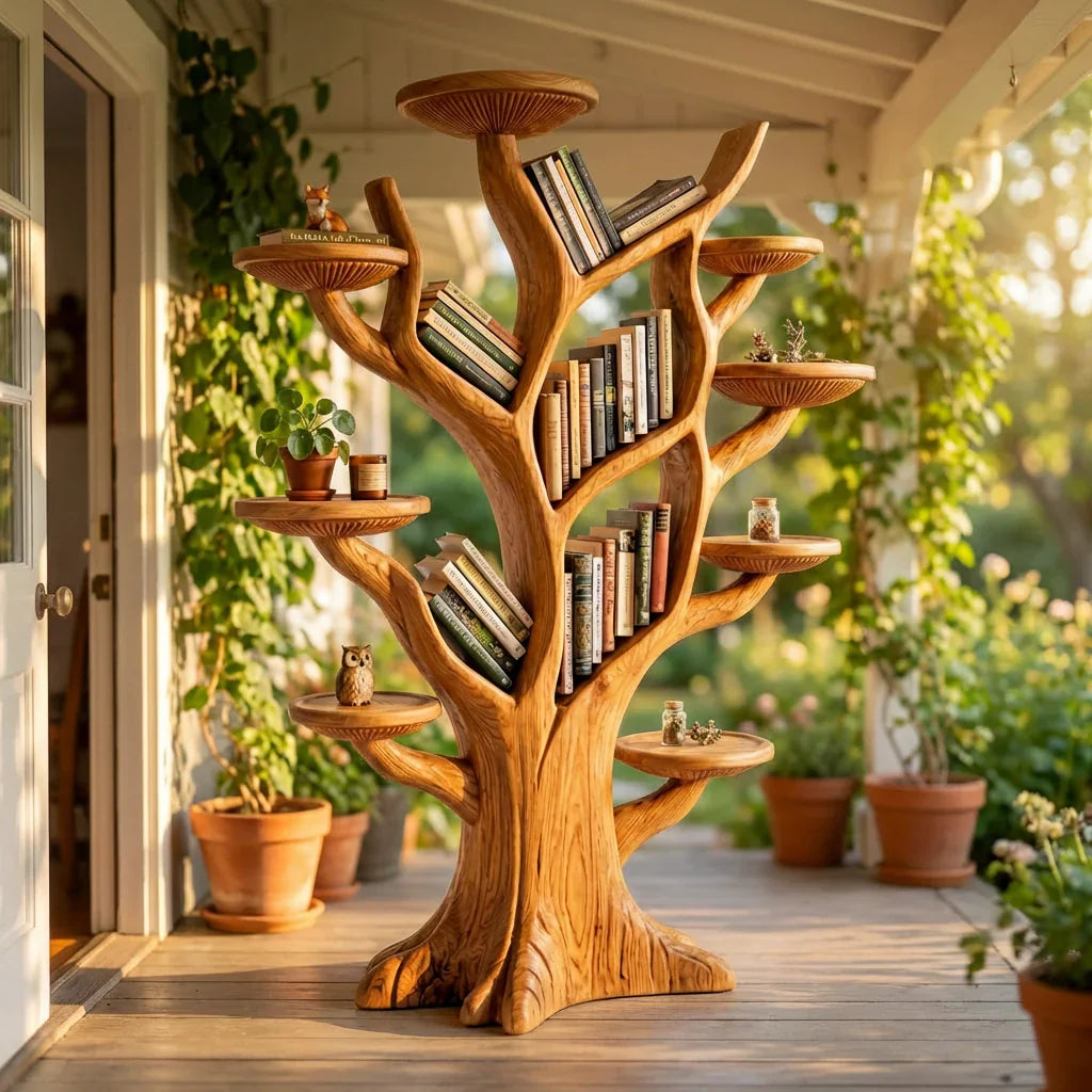 Freistehendes Pilz-Baum-Bücherregal mit Astablagen und Pilzhut-Plattformen, handgefertigtes Standregal aus Massivholz für Wohnzimmer, Büro, Bibliothek, Babyzimmer – Ashdeco 2026