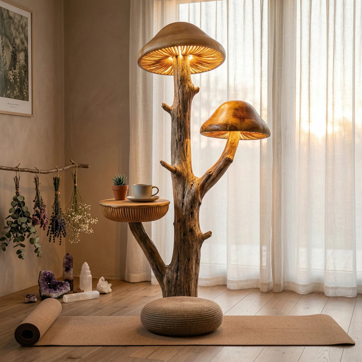 Pilzförmige Holz-Stehlampe mit integriertem Beistelltisch, Treibholzstamm und leuchtenden Hüten