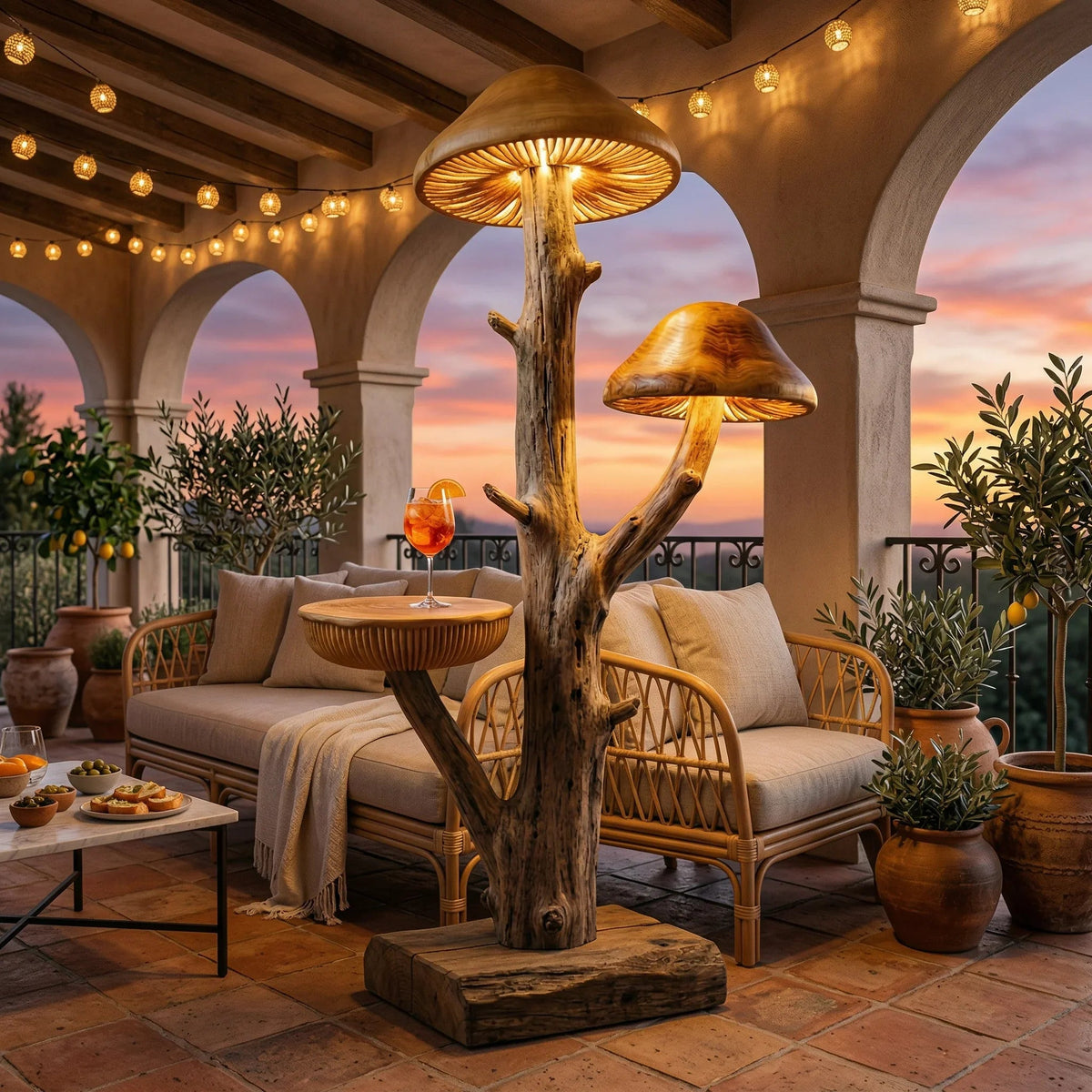 Pilzbaum-Stehlampe mit geschnitztem Holzstamm, integriertem Regal und leuchtenden Hüten auf einer Terrasse.