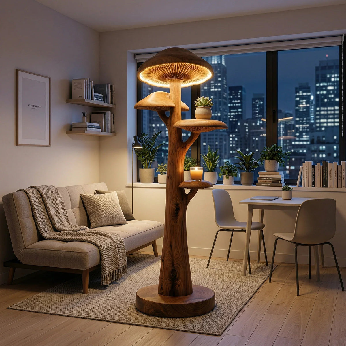 Pilzbaum-Stehlampe mit leuchtendem Hut und integrierten Holzregalen in einem modernen Wohnzimmer