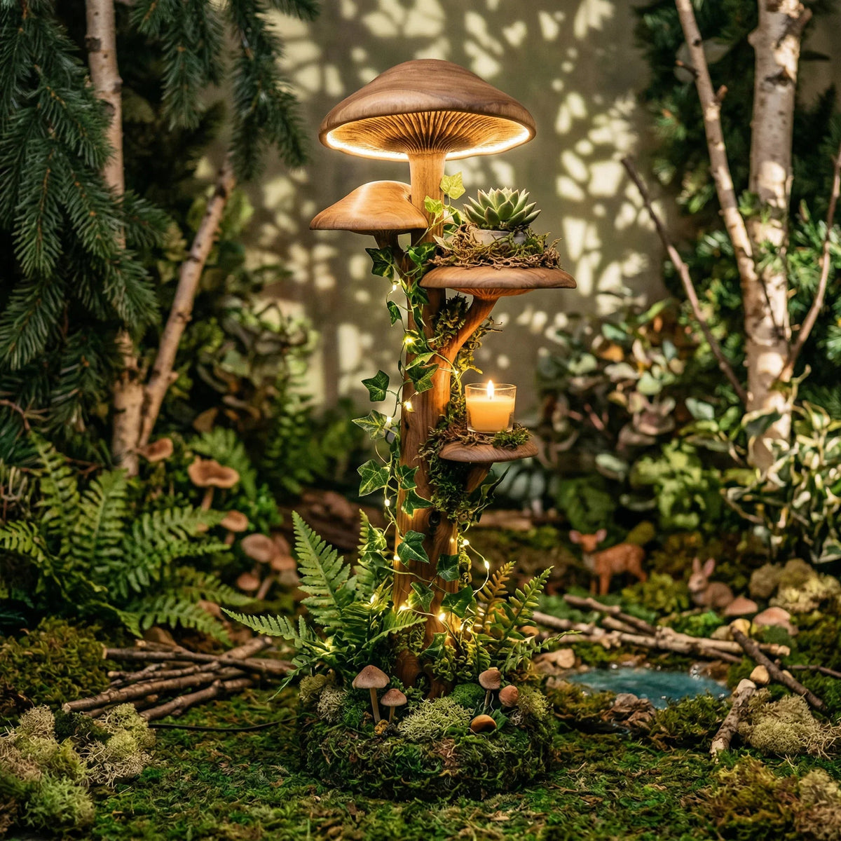 Pilzbaum-Stehlampe mit leuchtendem Hut, Holzstamm und integrierten Regalen in einer Waldumgebung.