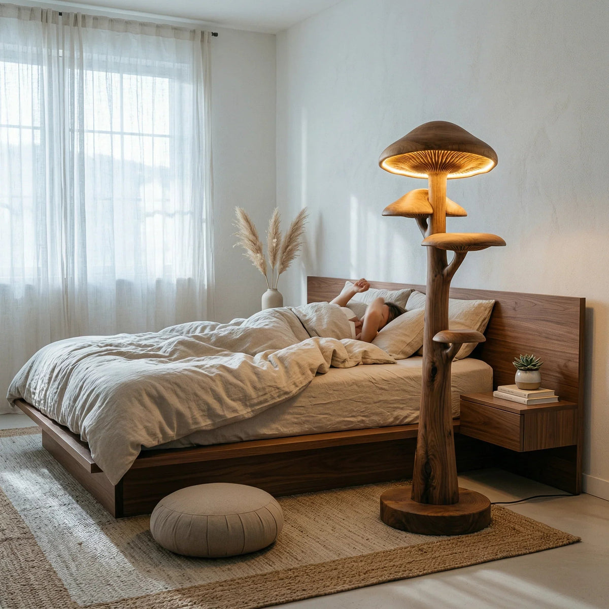 Pilzförmige Holz-Stehlampe mit Regalen neben einem modernen Bett in einem gemütlichen Schlafzimmer.
