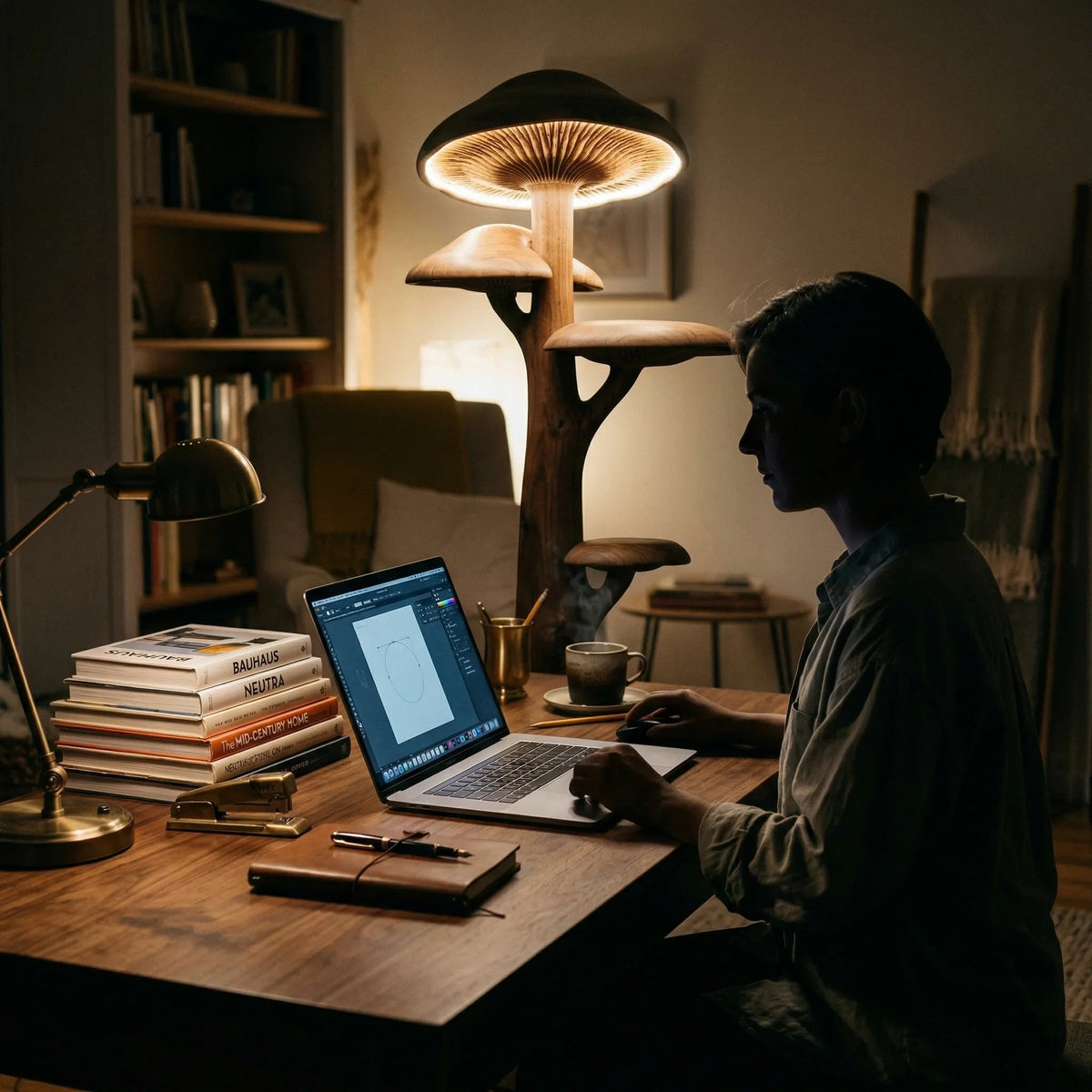 Pilzbaum-Stehlampe mit leuchtendem Hut und integrierten Holzregalen in einem gemütlichen Homeoffice.