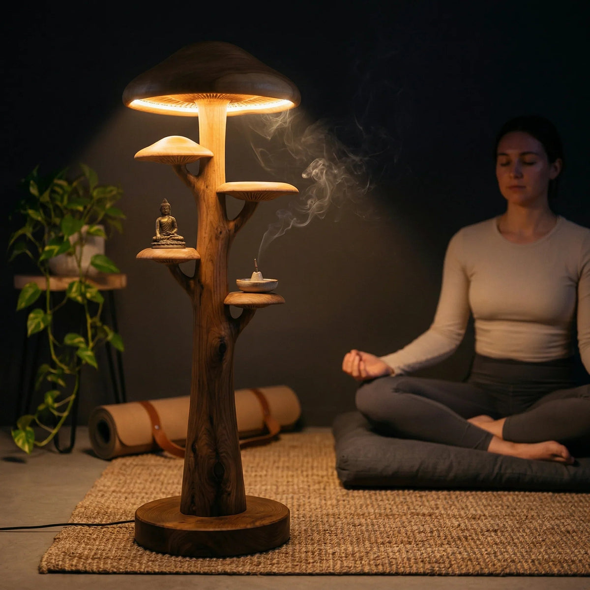 Pilzbaum-Stehlampe mit beleuchtetem Hut und Massivholzstamm mit integrierten Regalen in einer ruhigen Yoga-Umgebung