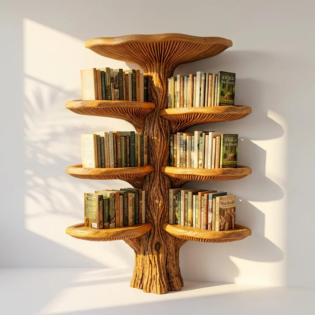 Pilz-Baum-Wandbücherregal mit 4 Etagen paariger Lamellenablagen und Kronenhut, handgefertigtes Massivholz-Bücherregal zur Wandmontage für Wohnzimmer, Büro, Bibliothek – Ashdeco 2026