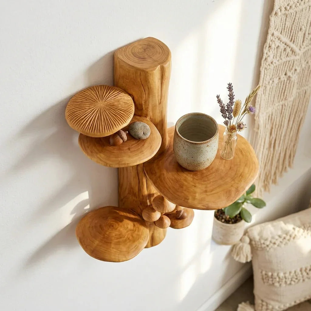Pilzkolonie-Baumstamm-Wandregal mit 4 Konsolen-Hutablagen und geschnitztem Miniatur-Pilzbüschel – Handgefertigtes skulpturales Schwebregal aus Massivholz mit dekorativem Waldmotiv – Ashdeco 2026