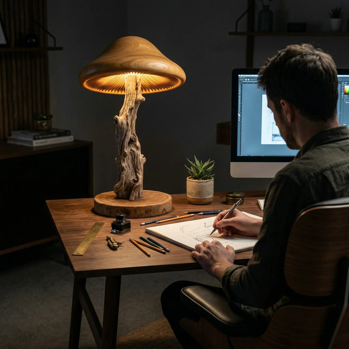 Pilz-Stehlampe mit Stiel aus Holz mit Rinde und handgeschnitztem Hut auf einem modernen Schreibtisch