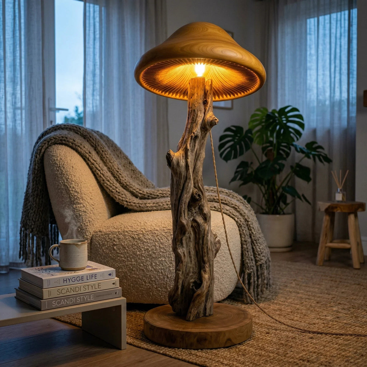 Pilz-Stehlampe mit Rindenstamm als Stiel und Holzhut in einem gemütlichen Wohnzimmer