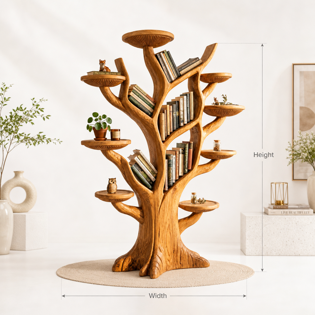 Freistehendes Pilz-Baum-Bücherregal aus Massivholz als Standregal fürs Wohnzimmer