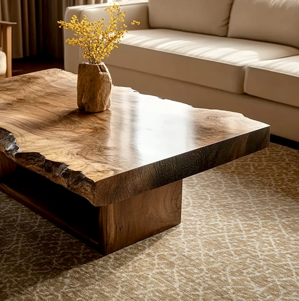 Organisch-moderner Couchtisch aus Massivholz mit markanter unregelmäßiger Silhouette