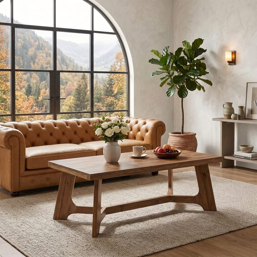 Rustikaler luxuriöser Couchtisch aus Massivholz in einem gemütlichen Wohnbereich