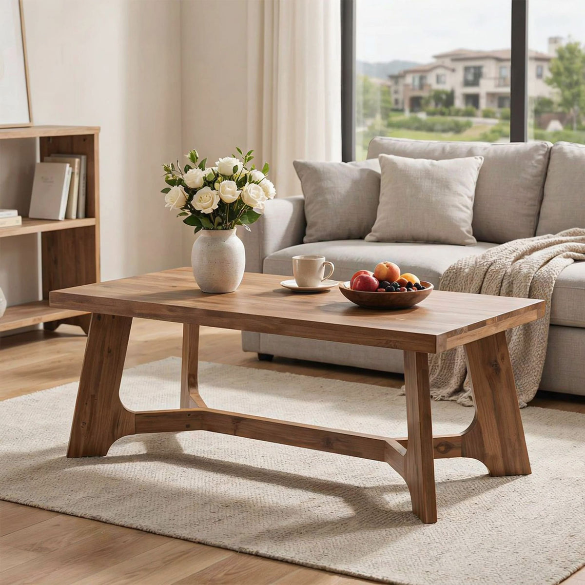 Couchtisch mit organischer Kante, kombiniert mit modernen Sitzmöbeln in einem minimalistischen Zuhause