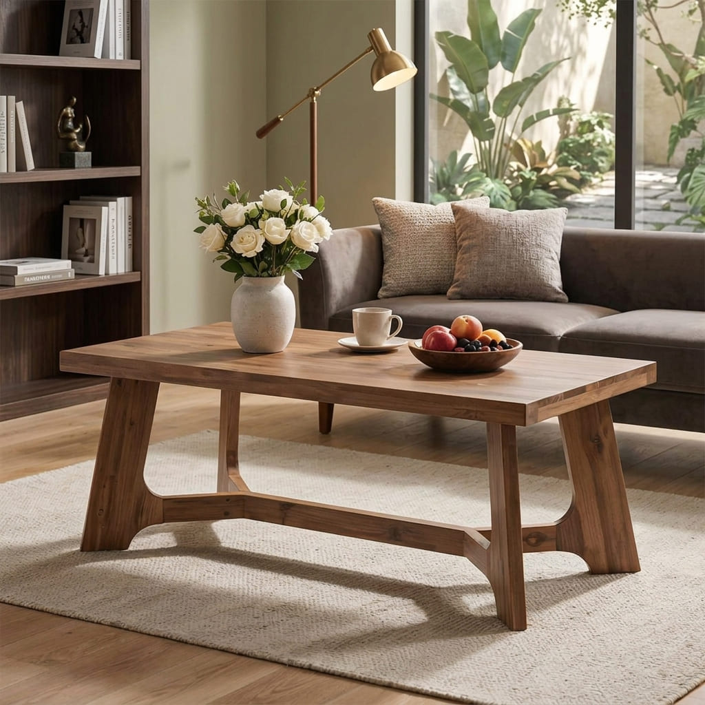 Skulpturaler Holz-Couchtisch mit künstlerischem X-förmigem Säulenfuß aus Massivholz
