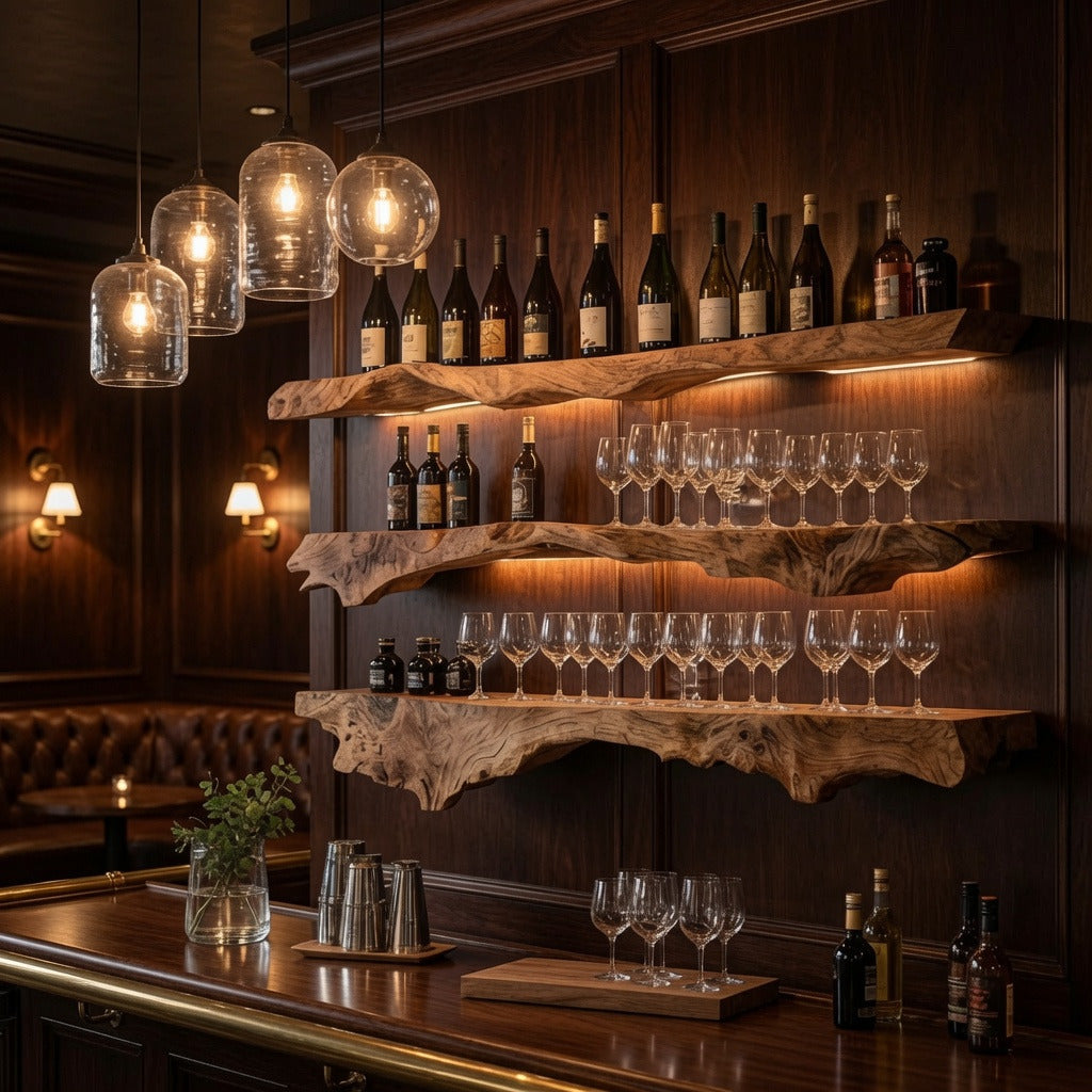 Handgefertigtes Holz-Schauregal mit Weinflaschen und Gläsern in einer Hausbar