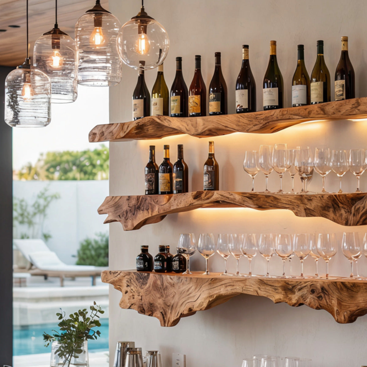 Handwerkliches Holz-Wandregal im skulpturalen Wellendesign