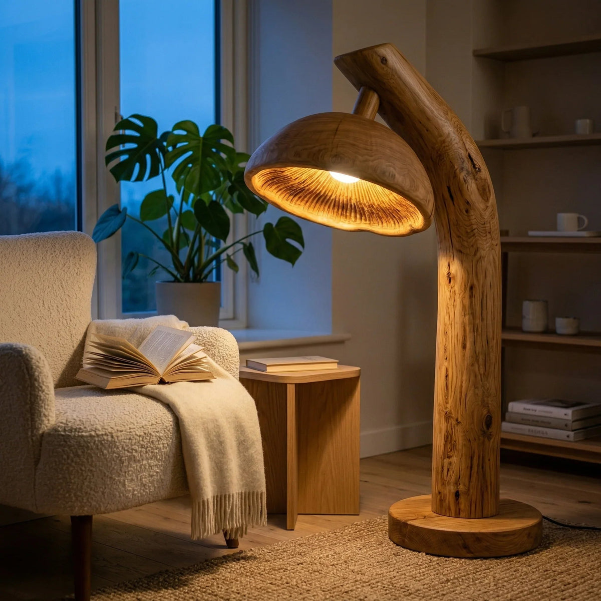 Pilz-Stehlampe aus Naturholz mit leuchtendem Lamellenschirm in einer gemütlichen Wohnzimmerecke