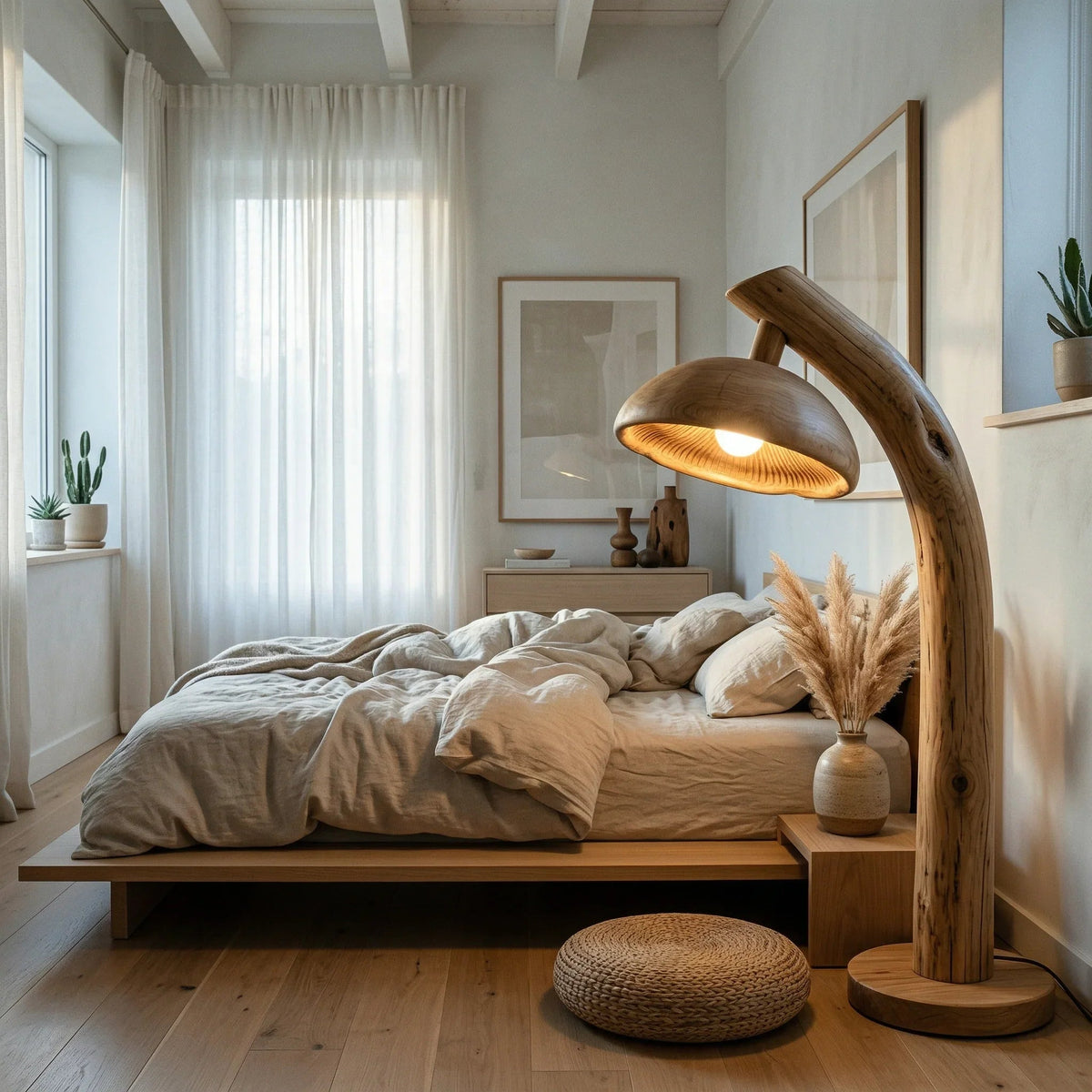 Pilz-Stehlampe aus Naturholz mit skulptiertem Massivholzfuß neben einem modernen Bett in einem gemütlichen Raum