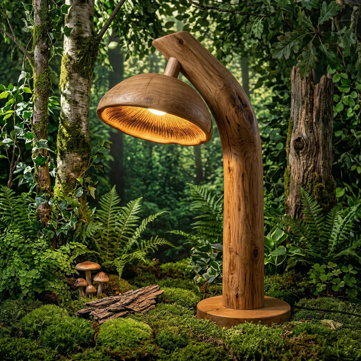Pilzförmige Stehlampe aus Massivholz mit leuchtendem Lamellendetail in einer üppigen Waldumgebung