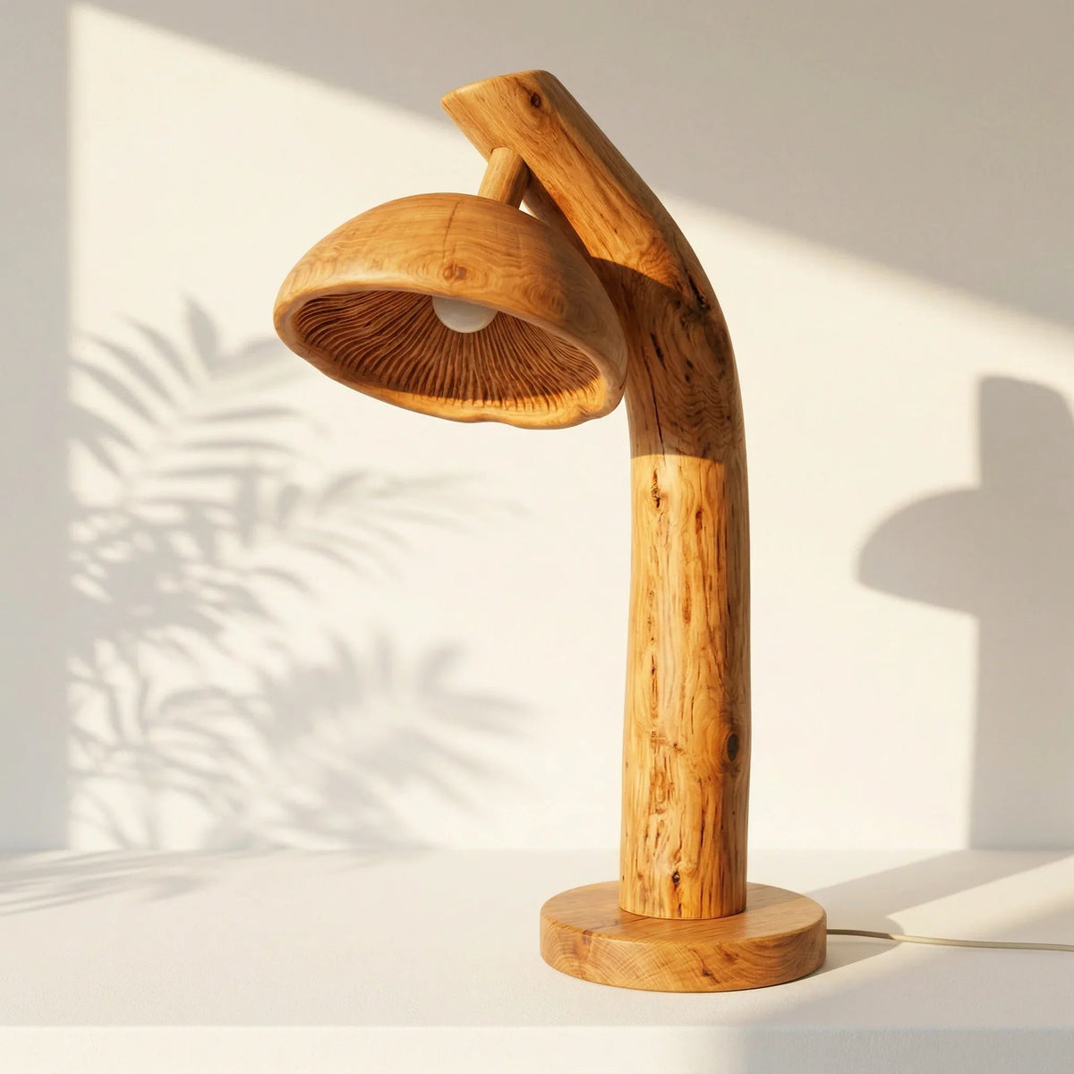 Pilzinspirierte Stehlampe mit skulptiertem Massivholzstiel und Fuß in natürlicher Oberfläche