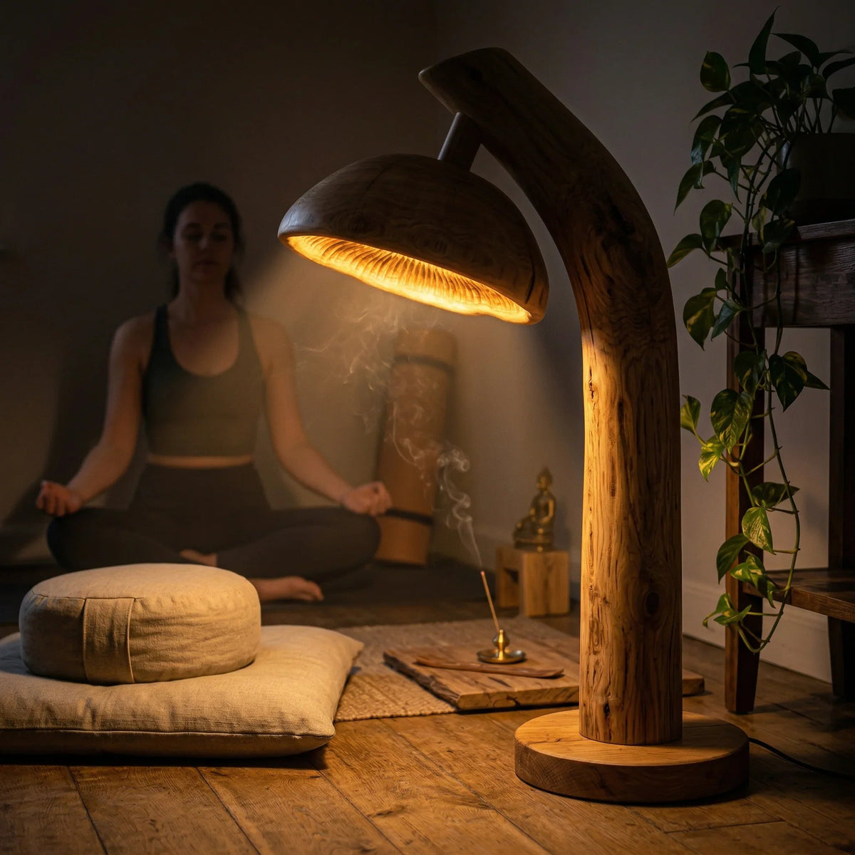 Pilz-Stehlampe aus Naturholz mit leuchtendem Schirm, Baumkanten-Fuß und Zen-Dekor