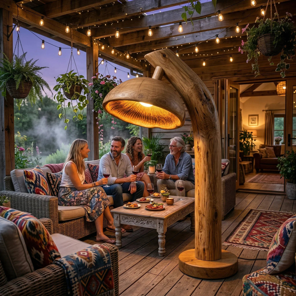 Pilz-Stehlampe aus Naturholz mit leuchtendem Lamellendetail auf einer Terrasse, Menschen unterhalten sich im Freien