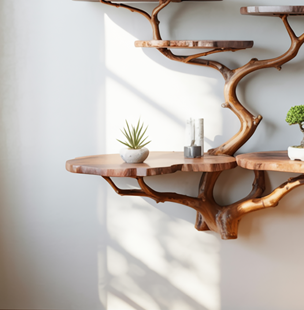 Schwebendes Baum-Bücherregal mit Baumkanten-Holzscheiben, die kleine grüne Bonsai-Pflanzen tragen