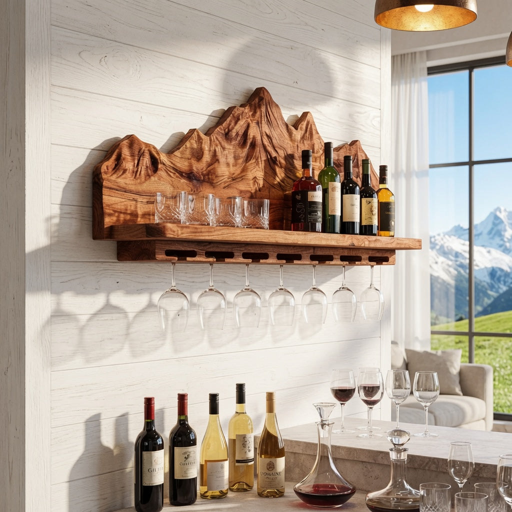 Holz-Berg-Weinregal, das in einer Hausbar einen Blickpunkt schafft