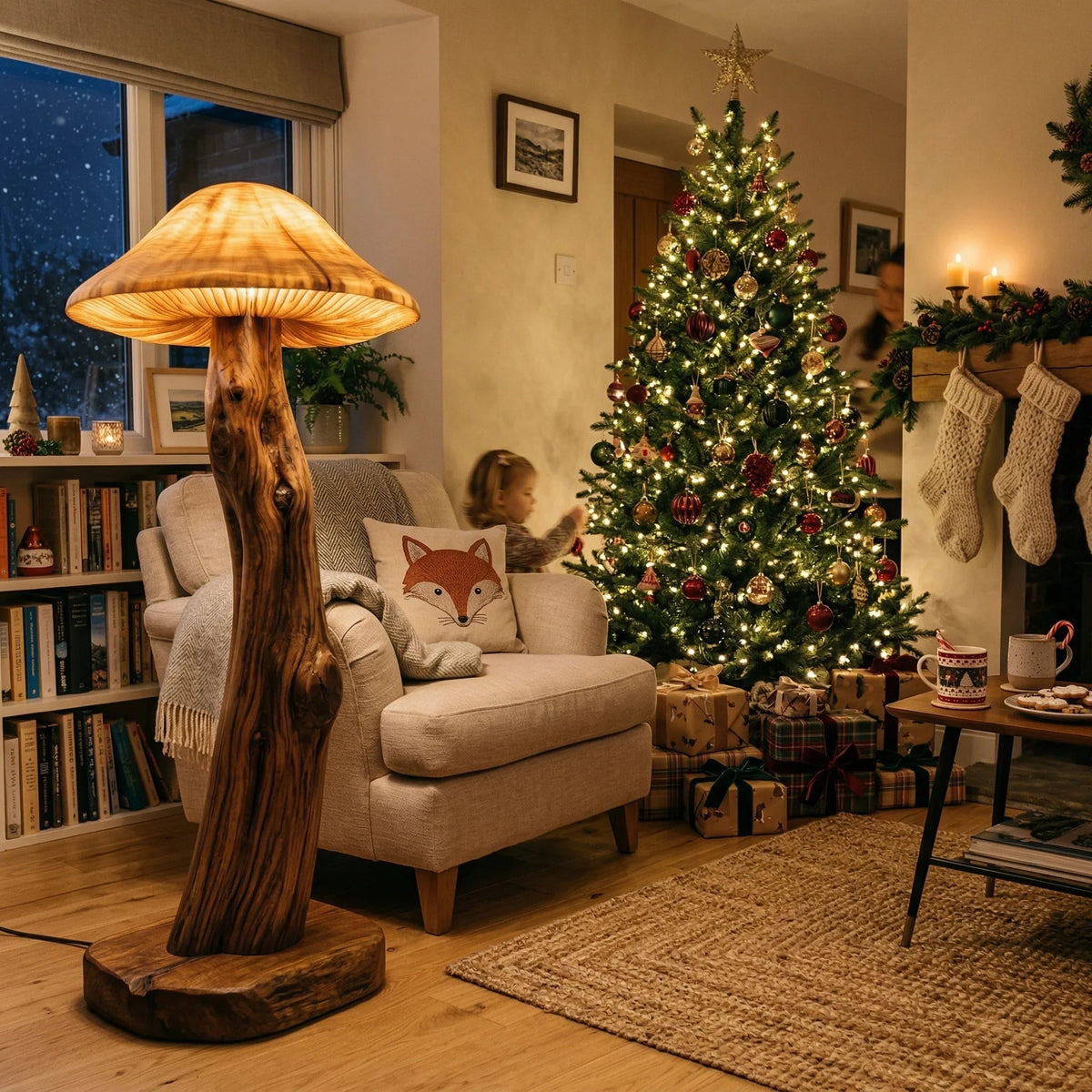Pilzförmige Stehlampe mit skulptiertem Stammstiel neben einem Sessel in einem gemütlichen weihnachtlichen Wohnzimmer