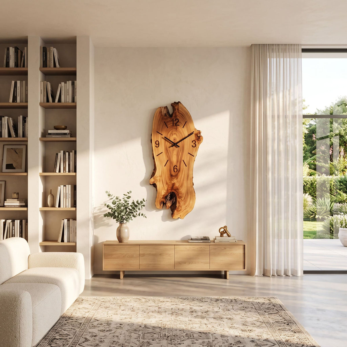 Handwerkliche rustikale Rindenuhr aus Massivholz, die ein modernes Hütten- und Lodge-inspiriertes Arbeitszimmer aufwertet