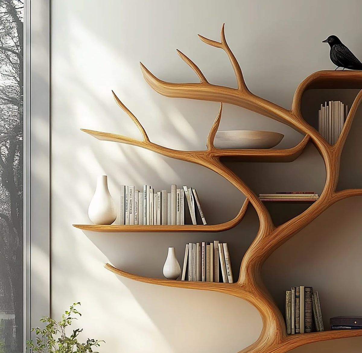 Baumkanten-Baum-Bücherregal aus Holz zur Präsentation von Büchern und Deko