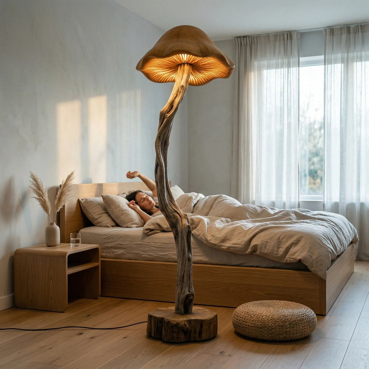 Organische Treibholz-Pilz-Stehlampe mit handgeschnitztem Glockenschirm in einem gemütlichen Schlafzimmer