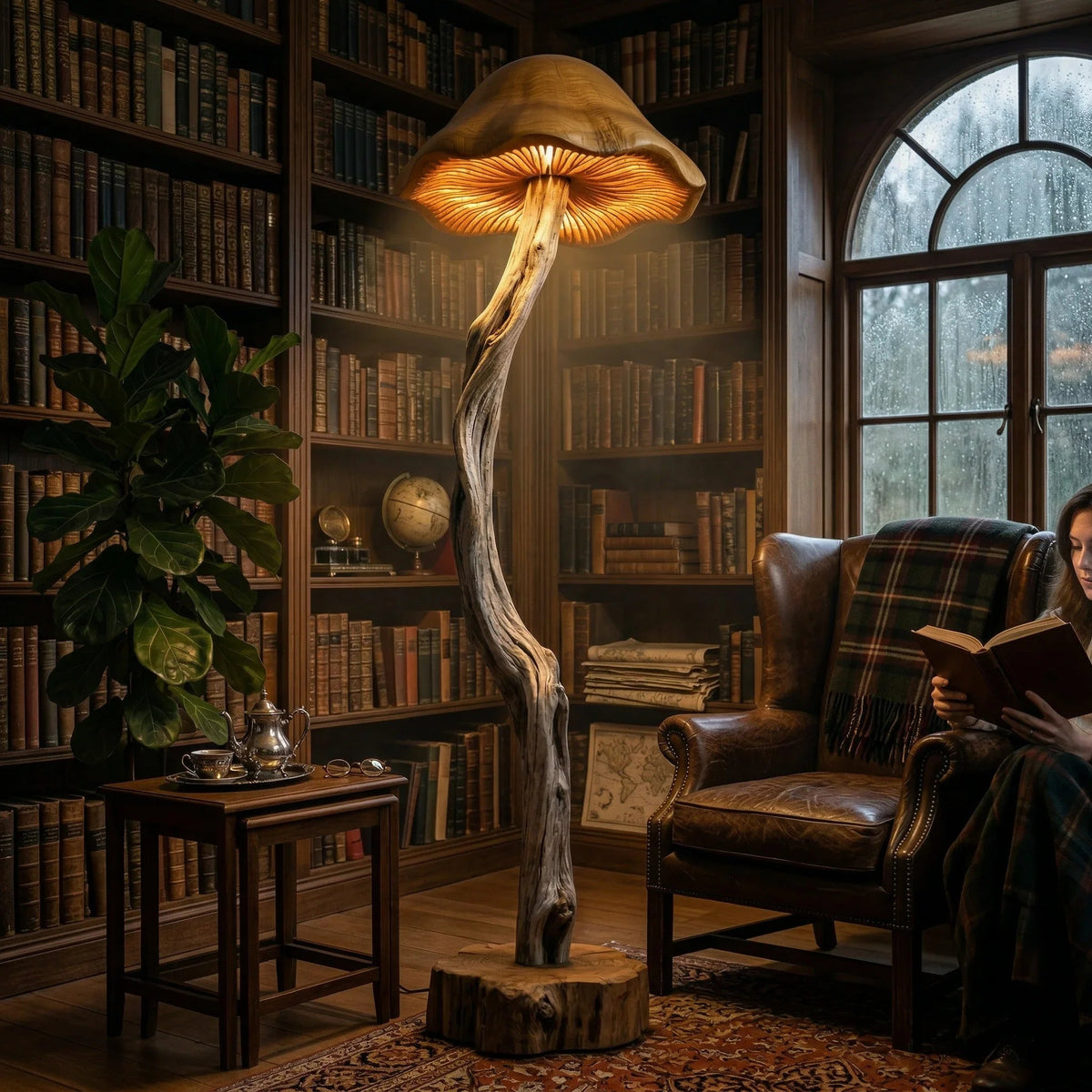Organische Treibholz-Pilz-Stehlampe mit handgeschnittenem Lamellendetail in einer gemütlichen Bibliothek