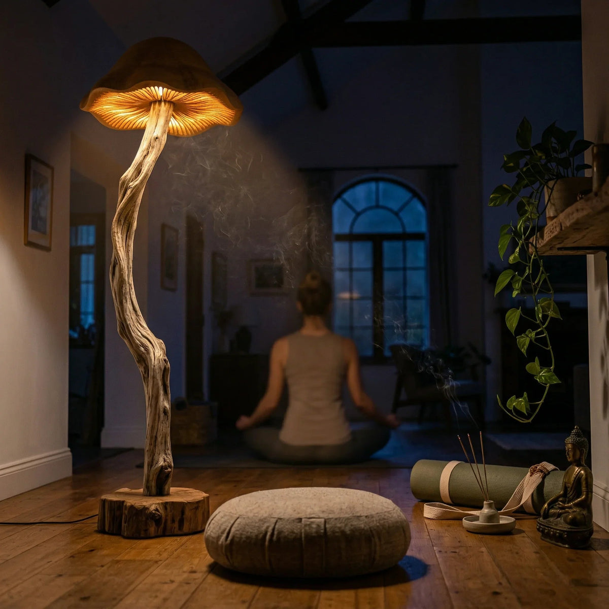 Organische Treibholz-Pilz-Stehlampe mit glockenförmigem Holzschirm in einem gemütlichen Meditationsraum