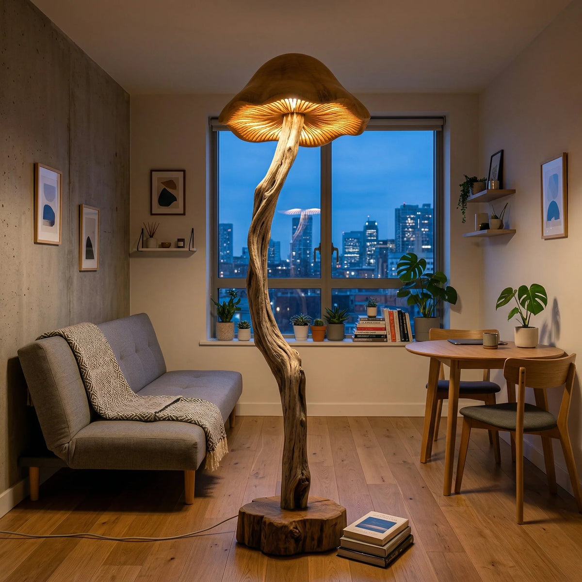 Organische Treibholz-Pilz-Stehlampe mit handgeschnitztem Lamellendetail in einem gemütlichen modernen Wohnzimmer