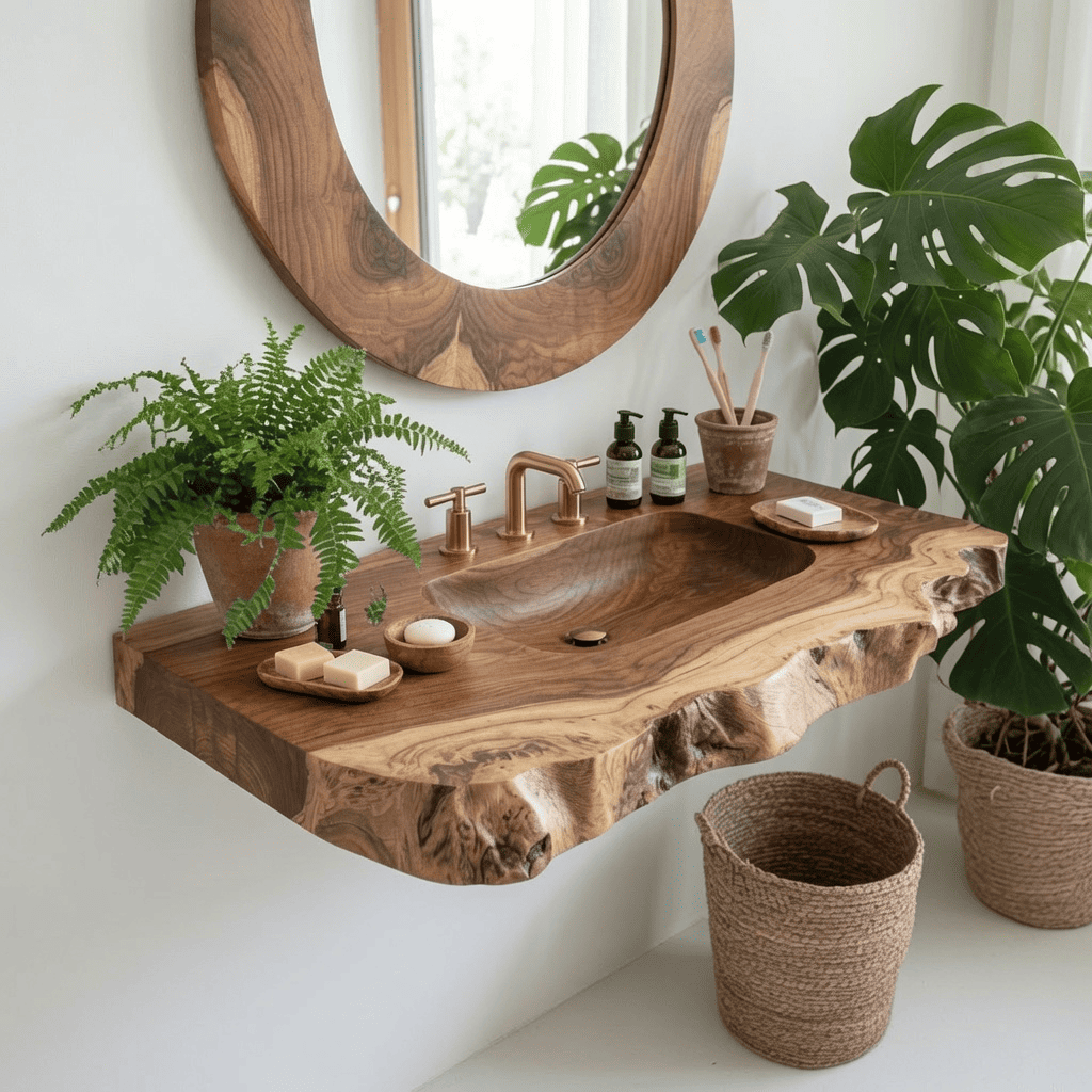 Handgefertigtes schwebendes Waschtischregal aus Holz, das ein Spa-inspiriertes Badezimmerinterieur schafft