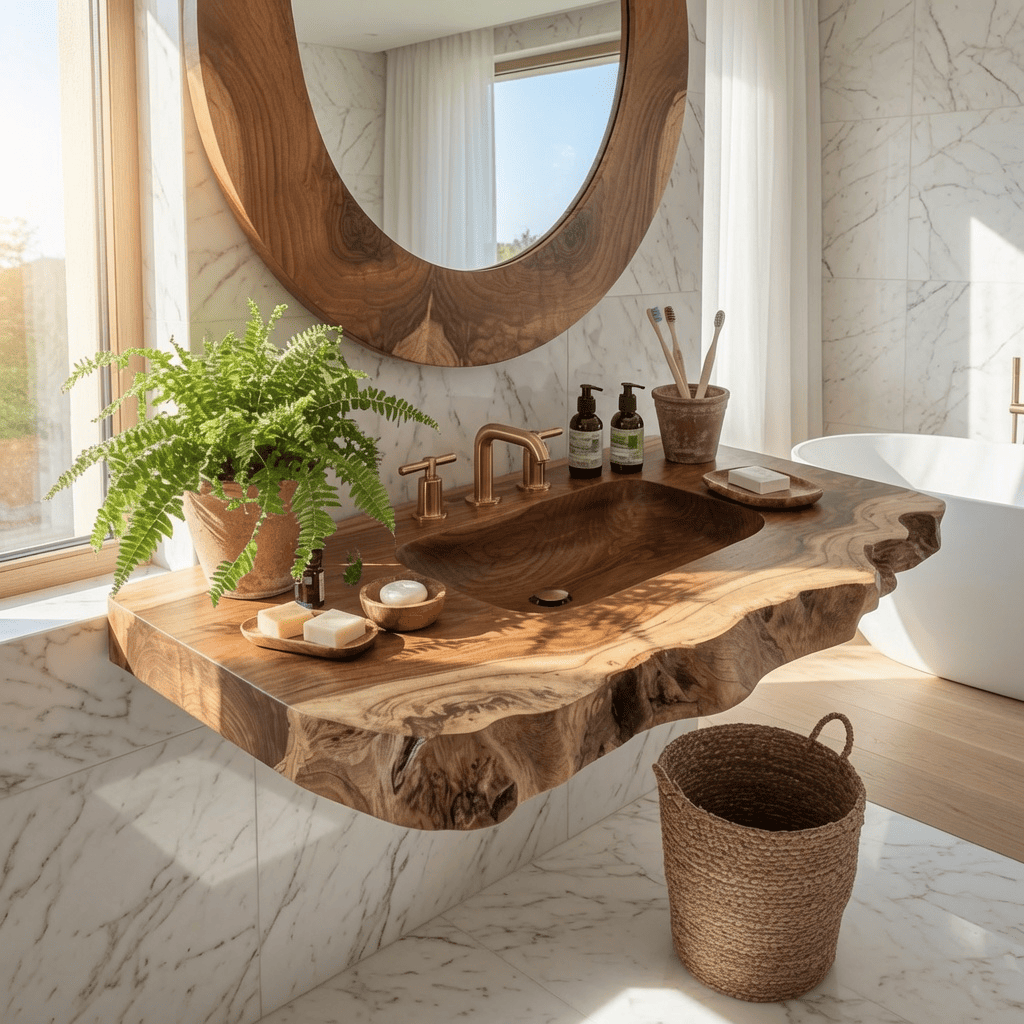 Modernes Baumkanten-Waschtischregal mit integriertem Waschbecken in einem minimalistischen Luxusbad