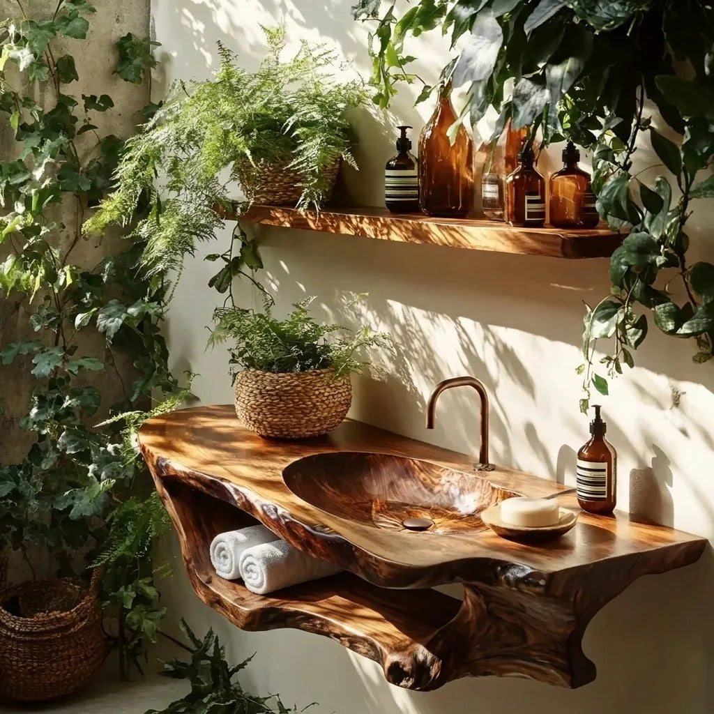 Skulpturaler Waschtisch mit Wurzelfuß, der ein Spa-inspiriertes Badezimmerinterieur schafft