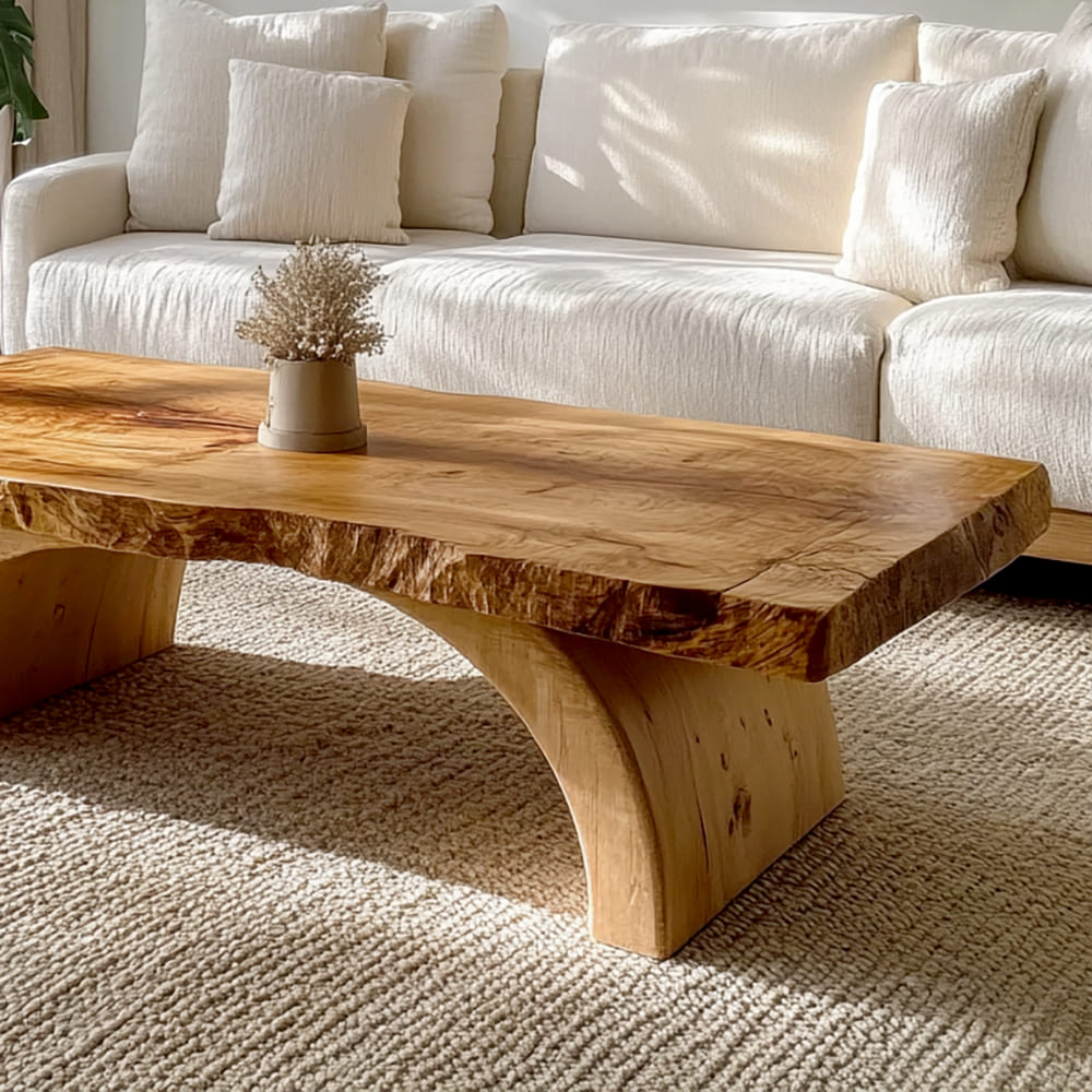 Couchtisch aus Massivholz mit natürlichen Baumkanten-Details und künstlerischem Bogen-Säulenfuß