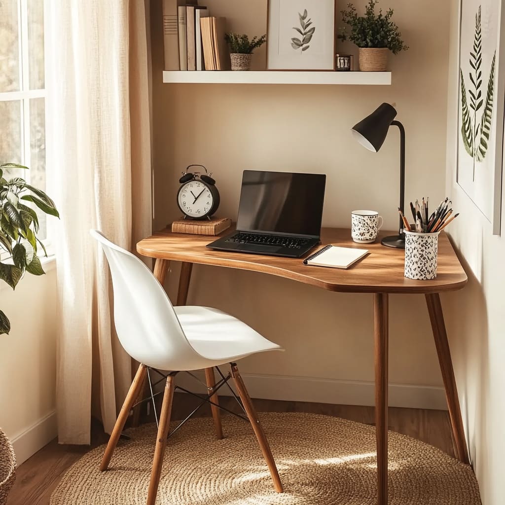 Japandi-Schreibtisch aus Massivholz, präsentiert in einem zeitgenössischen Homeoffice