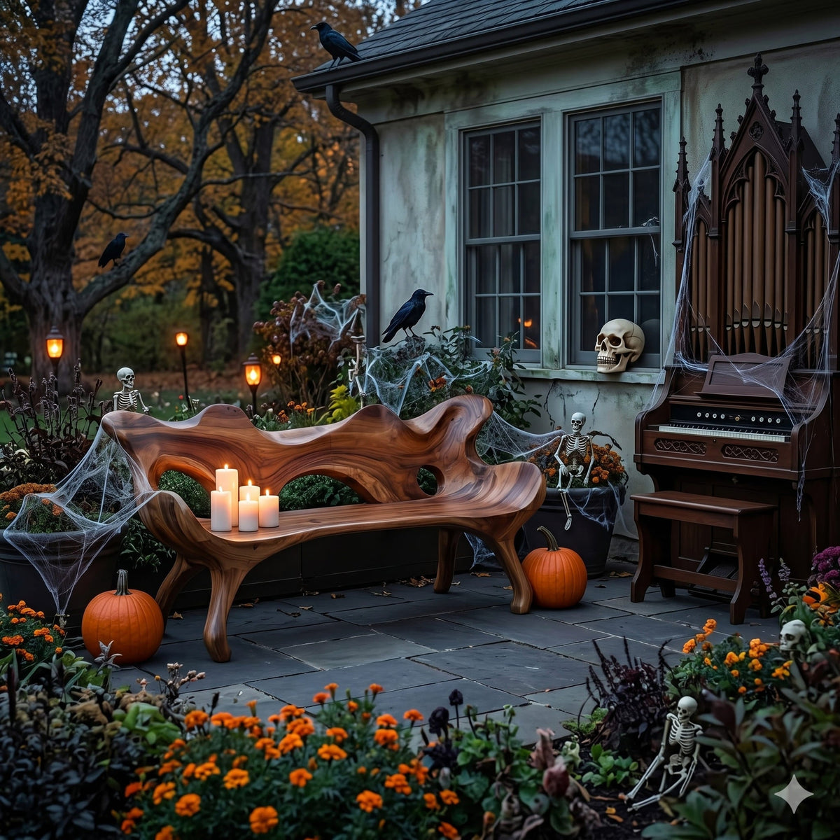 Organische Baumkanten-Halloween-Bank aus Massivholz auf einer Veranda