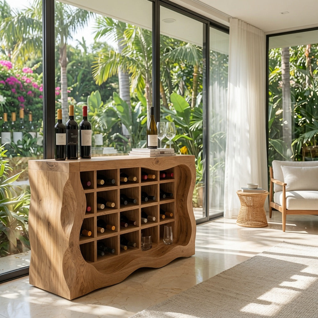 Skulpturaler Baumkanten-Weinschrank, der in einem luxuriösen Bewirtungsbereich einen Blickpunkt schafft