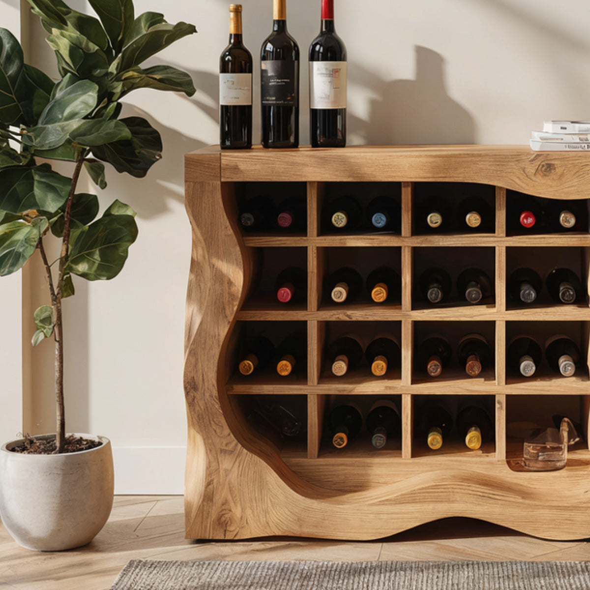 Handwerklicher Weinschrank aus Naturhartholz im skulpturalen Design