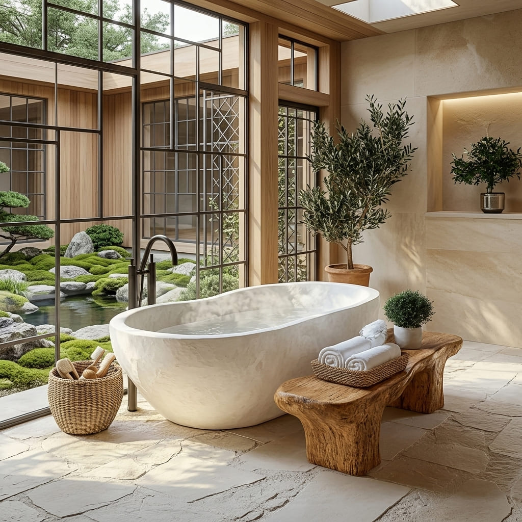 Baumkanten-Duschhocker aus Holz neben einer freistehenden Badewanne in einem Spa-inspirierten Bad