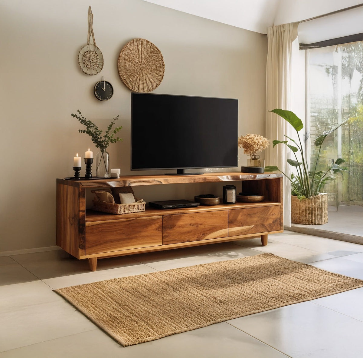 Organisches TV-Lowboard aus Massivholz im Baumkanten-Design in einem modernen Wohnzimmer