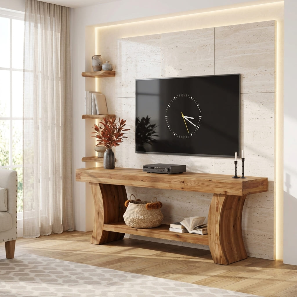 Organisches TV-Lowboard aus Massivholz mit Flussbeinen in einem modernen Wohnzimmer