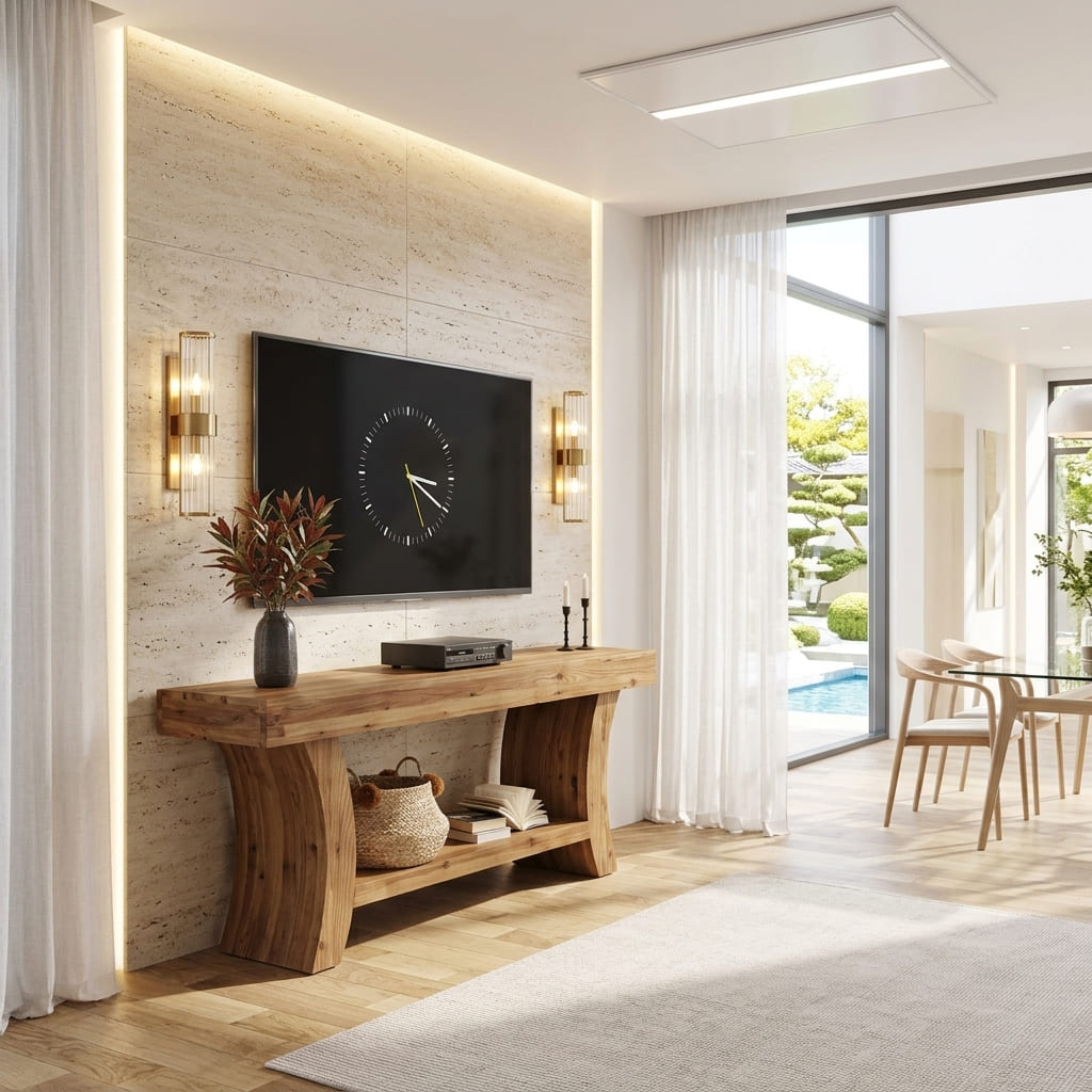 TV-Lowboard aus Naturholz als warmer Blickpunkt in einem Familienzimmer