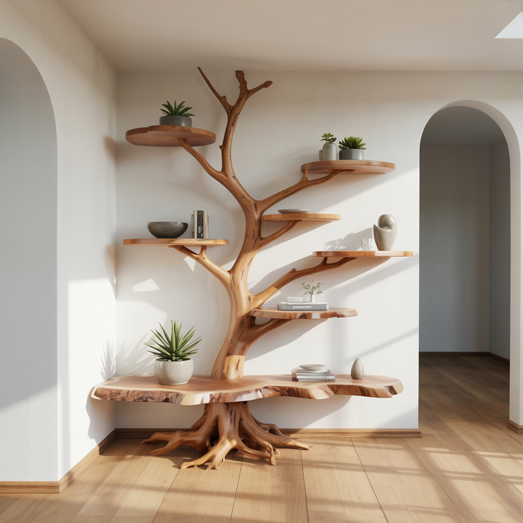 Holz-Baum-Bücherregal mit aufwendigem Wurzelfuß neben einem Rundbogen